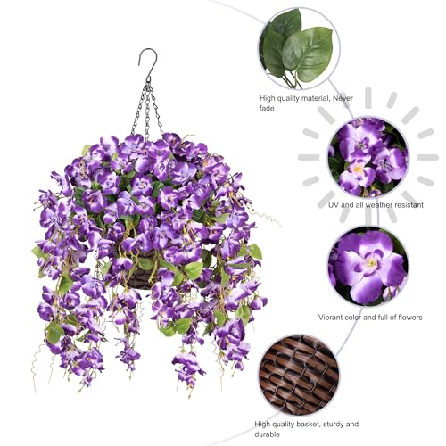 Artificial Fake Hanging Hibiscus Flowers Plants Baskets for Outdoor Decoration, Faux Silk Hibiscus Long Vines in Planter UV Resistant Realistic Flowers for Outside Porch Patio Home Decor, Darkpurple - color: Darkpurple