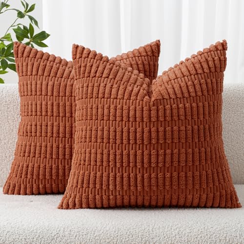 MIULEE Pack of 2 Rust Corduroy Decorative Pillow Covers 12x12 Inch Soft Boho Striped Throw Pillow Covers Modern Farmhouse Home Decor for Summer Sofa Living Room Couch Bed - color: Rust, size: 12" x 12" (Pack of 2)