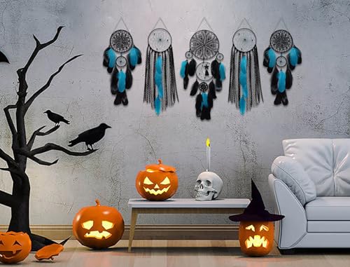 5 Pack Black Teal Dream Catchers Wall Decor Moon and Sun Feather Handmade Traditional Dreamcatchers Large Boho Macrame Wall Hanging for Bedroom Adult Native American Decor Bohemian Decorations - color: Black Teal