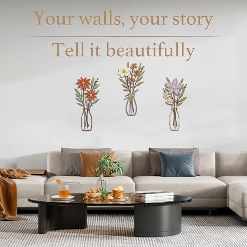 3 Piece Metal Flower Wall Art for Bedroom Living Room Rustic Farmhouse Floral Wall Decor for Bathroom Dining Room Boho Home Decorations Modern Minimalism Walls Hanging Sculptures(Red Purple) - color: Red Purple & Vase Flower