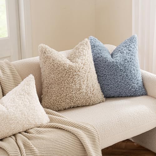 MIULEE Pack of 2 Dusty Blue Faux Fur Throw Pillow Covers 18x18 Inch Boucle Decorative Sherpa Pillow Covers Fuzzy Accent Soft Sheepskin Fleece for Boho Home Decor Sofa Living Room Couch Bed - color: Dusty Blue, size: 18" x 18" (Pack of 2)
