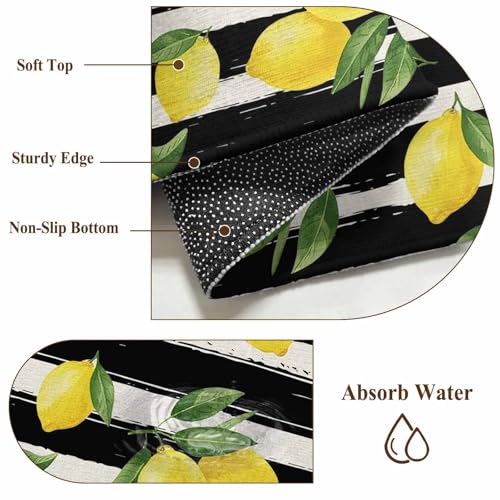 Yellow Lemon 2x3 Small Rug for Entryway Kitchen Front Door, Summer Fruit Black White Striped Country Washable Throw Rug Absorbent Non-Slip Indoor Floor Mat for Kitchen Entrance Dog Home Office Decor - color: Yellow, size: 2' x 3' (Rectangular)