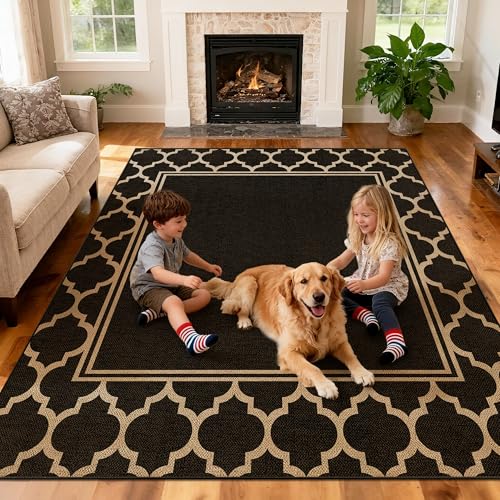 Washable Moroccan Easy Jute Rug, 5x7 Neutral Outdoor Indoor Patio Farmhouse Large Bordered Rugs, Woven Thin Non Slip Carpet Mat for Livingroom Bedroom Classroom Backyard Kids Nursery Play Room - color: Moroccan Black, size: 5' x 7'