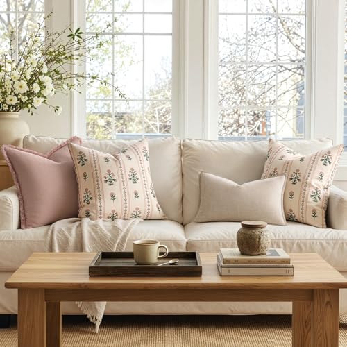 Decorative Vintage Striped Floral Throw Pillow Covers 18x18 Inch Set of 2 Pink Farmhouse Boho Botanical Print Cushion Covers for Sofa Couch Chair Bedroom Living Room Summer Home Decor - color: Pink, size: 18" x 18" (Pack of 2)