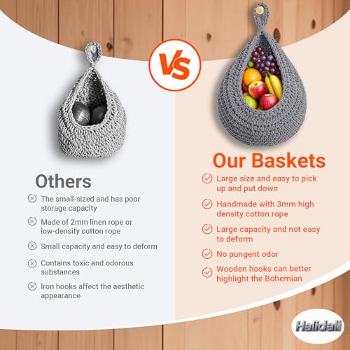 Hanging Fruit Baskets for Kitchen, 3 Pack Boho Cotton Rope Handwoven Vegetable Storage Wall Mounted Large Organizing Basket for Farmhouse Decor, Onion, Potato, Garlic and Plants - color: Grey
