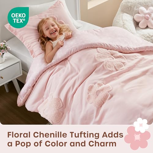 Intelligent Design Kids Twin Duvet Cover Set for Girls, Tufted Chenille Floral Duvet Set Twin, Lightweight Duvet Reversible Bedding Cover - color: Pink, size: Twin