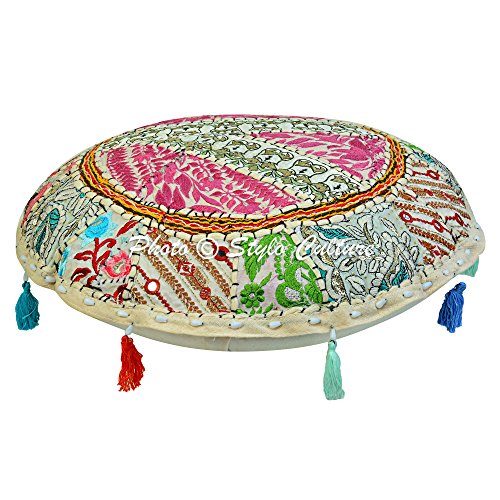 Ethnic Outdoor Floor Cushion Vintage Bohemian Patchwork Cover Round White Small Throw Pillow Covers 18 x 18 Decorative Decor Seating Tuffet Cover Footstool Cotton Embroidered 1 Pc - color: White