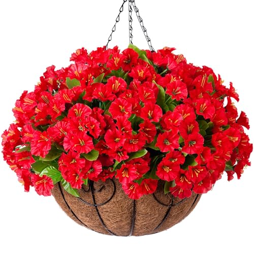 Ammyoo Artificial Hanging Flower Plants with Basket for Outdoor Decoration, Faux Petunias Flowers Fake Morning Glory Plants for Hanging Outside Patio Garden Porch Balcony Yard Spring Decor(Red) - color: Red
