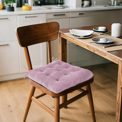 ELFJOY 4 Pack Chair Cushions for Dining Chairs Indoor Kitchen Seat Cushions with Ties Tufted Square Seat Pas for Kitchen Dining Office Room (16" Light Purple Velvet) - color: Light Purple