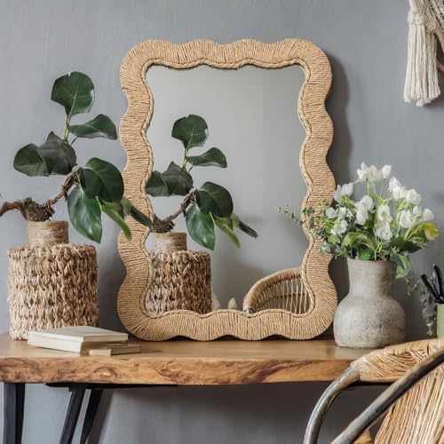 Junkin Boho Coastal Mirror Natural Wicker Scalloped Rattan Mirror with Decorative Rattan Frame Boho Coastal Decor for Bathroom Living Room, Entryway Decor(Rectangle,10.4 x 15.8 in) - size: 15.8"L x 10.4"W, style: Rectangle