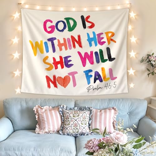 Lacama Christian Tapestry, Cute God is Within her she Will not fall Bible Tapestry Decor for Bedroom College Dorm Apartment, College Dorm Decor,Christian Gifts for Women, 50x60 Inches - color: god is within her she will not fall