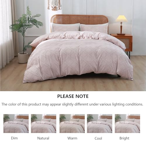Duvet Cover Queen Size, 3PCS Boho Duvet Cover Set, Geometric Pattern Tufted Bohemian Comforter Cover Jacquard Knit Textured Bedding Set with Zipper Closure - color: Pink, size: Queen