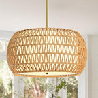 18 inch Natural 3 Light Rattan Chandelier Rattan Farmhouse Light Fixture Woven Pendant Lights Fabric Shade Boho Chandelier for Kitchen Dinning Room - color: 18"-Natural-Drum
