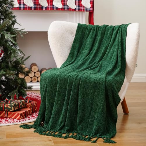 BATTILO HOME Christmas Green Chenille Throw Blanket, Soft Cozy Knit Blanket with Fringe Tassels, Lightweight Holiday Farmhouse Decor for Couch Sofa Bed Chair, 50"x60" - color: Christmas Green