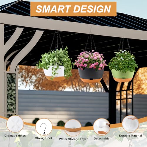 KPUVX 10 inch Hanging Planters for Indoor Outdoor Plants with Self-Watering Pots, 3 Pack Plastic Hanging Basket with Removable Tray for Home Garden Porch Balcony Patio Decor(White+Black+Green) - color: Multicolor, size: 10 inch