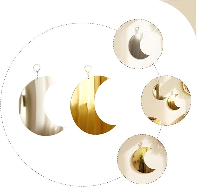 2pcs Boho Moon Mirror Wall Decor Acrylic Decorative Hanging Mirrors for Bedroom and Lounge Stylish Wall Art with Gold Silver Finish Space-Saving Home Decoration