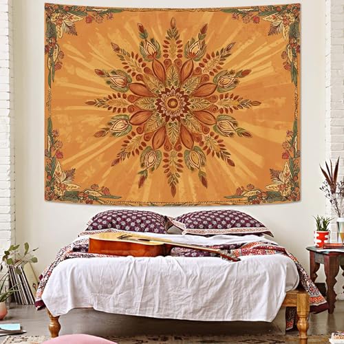 Accnicc Boho Floral Mandala Tapestry for Bedroom Bohemian Flower Wall Tapestry Aesthetic Large Vintage Orange Hippie Indian Tapestries Wall Hanging for Living Room Dorm Decor 80 x 60 Inch - color: Orange Red, size: 80"L x 60"W