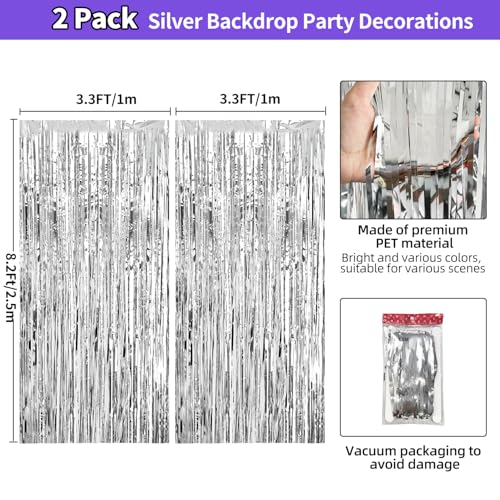 Silver Backdrop Tinsel Foil Fringe Curtains Party Decorations 3.3x8.2ft, Fringe Backdrop Party Streamers for Birthday Wedding Engagement Baby Shower Graduation Disco Christmas, 2 Pack - color: Silver
