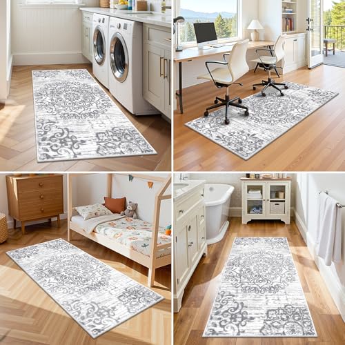 HEBE Hallway Runner Rug 2'x4' Washable Vintage Distressed Area Rugs Non Slip Laundry Rug Runner Boho Floor Carpet Runners for Hallways Entryway Laundry Room Kitchen Bathroom - color: Grey, size: 2' x 4' (Rectangular)