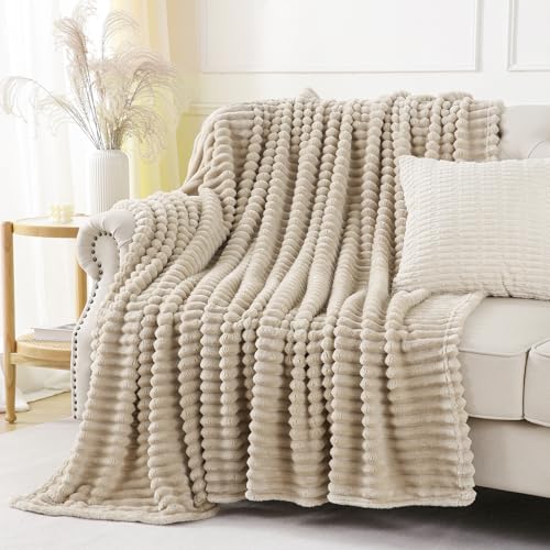 Khaki Throw Blanket for Couch Sofa 90x90 inches Striped Fleece Blankets Room Home Decor Lightweight Plush Soft Cozy Gifts for Women Mom Girls - color: Khaki, size: Queen(90"x90")