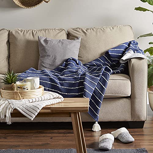 DII Striped Throw Collection Cotton Slub, Hand-Tied Tassels, 50x70, French Blue & Off-White - color: French Blue & Off-white, size: 50x70''