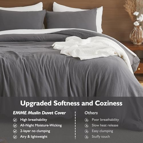 EMME Muslin Cotton Duvet Cover Set Dark Grey King Size Linen Like Soft Breathable Lightweight Summer Comforter Cover Set with Zipper Closure (Dark Grey, King, 104"x90") - color: 05 - Dark Grey, size: King(104"×90")