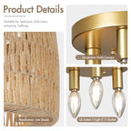 Boho Light Ceiling Fixture Flush Mount Rattan Woven Basket Chandelier for Bedroom Living Room Dining Kitchen, Modern Gold Wicker Lamp for Hallway Entryway Coastal Farmhouse
