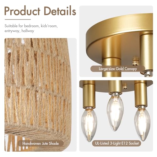 Boho Light Ceiling Fixture Flush Mount Rattan Woven Basket Chandelier for Bedroom Living Room Dining Kitchen, Modern Gold Wicker Lamp for Hallway Entryway Coastal Farmhouse