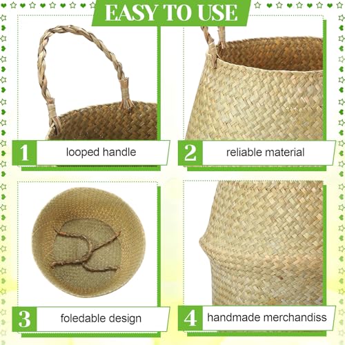 Qunclay 4 Pcs Woven Seagrass Baskets Belly Basket Folding Boho Natural Plant Pot with Handles Round Decorative Wicker Large Indoor Planter for Home Outdoor Tree Planters Decor (XL,12''dx13.8''h) - size: XL,12''Dx13.8''H