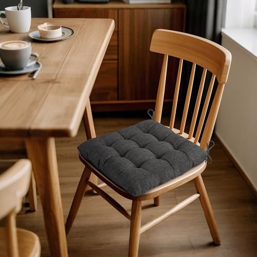 ELFJOY 4 Pack Chair Cushions for Dining Chairs Chair Pads Cushion for Kitchen Office Tufted Textured Square Seat Cushion with Ties (16" Dark Grey) - color: Dark Grey