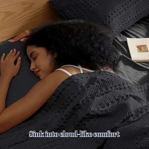 PHF 100% Cotton Waffle Pillow Shams Standard Size, 2 Pack 20" x 26" Soft Skin-Friendly Pillowcases, No Filling, Aesthetic Woven and Breathable Waffle Weave Pillow Case Covers for Bed, Black - color: Black, size: 26" x 20" (Pack of 2)
