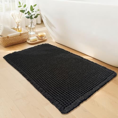 Black Bathroom Rug - Waffle Bath Mat Non Slip Washable, Super Absorbent & Quick Dry, Boho Bath Mat Farmhouse Bathroom Decor, 20'' x 32'', Black - color: Black, size: 20'' X 32''