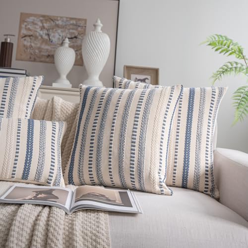 Cethom Blue and Beign Boho Throw Pillow Covers 18x18 Inch Set of 2, Stripe Textured Decorative Couch Pillow Cases for Bed, Sofa, Living Room, Bedroom, Farmhouse Home Accent Cushion Covers - color: Blue, size: 18" x 18" (Pack of 2)