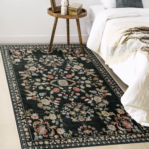 MUJOO 3x5 Rug Washable,Black Floral Area Rugs for Bedroom Bedside Entryway Living Room Kitchen,Floral Boho Small Indoor Floor Rug Non Slip Throw Carpet Low Pile Vintage - color: Black, size: 3' x 5' (Rectangular)