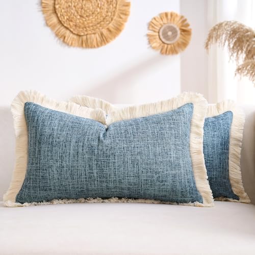 Farmhouse Lumbar Throw Pillow Covers 12x20 Pillow Cover Linen Fringe Blue Decorative Pillows Case Boho Accent Pillowcase for Sofa Couch Patio Bed Living Room Set of 2 - color: Blue, size: 20" x 12" (Pack of 2)
