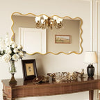 Kelly Miller 28x50 Inch Gold Scalloped Mirror, Large Rectangular Wavy Edge Bathroom Vanity Wall Mirror Decorative for Bedroom Living Room Entryway Fireplace Mantle - size: 50"L x 28"W