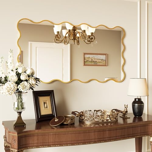 Kelly Miller 28x50 Inch Gold Scalloped Mirror, Large Rectangular Wavy Edge Bathroom Vanity Wall Mirror Decorative for Bedroom Living Room Entryway Fireplace Mantle - size: 50"L x 28"W