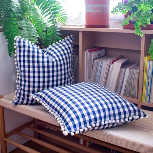 HOPLEE Farmhouse Gingham Pillow Covers Navy Blue Pillow Covers 18x18 Farmhouse Gingham Pillows Covers with Pom Pom for Home Decor 18x18 Inches Set of 2 - color: Navy Gingham Pom, size: 18" x 18" (Pack of 2)