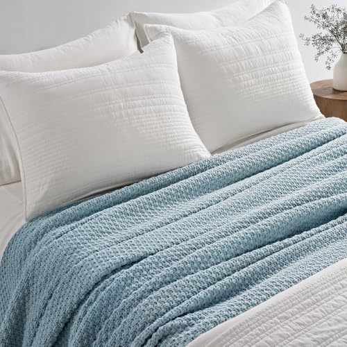 EVERGRACEHOME Chunky Polyester Knit Throw Blanket for Couch, Soft Luxurious Oversized King Moss Stitch Blanket for Bed, Large Cozy Farmhouse Knitted Throw for Sofa, Chambray Blue, 108" x 92" - color: Chambray Blue, size: 108" X 92"