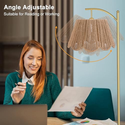 Arc Floor Lamp for Living Room with Remote Control，Rattan Boho Floor Lamp with Hand-Woven Wicker Shade, Foot Switch, Gold/Silvery Metal Base & Pole,Standing Lamp for Bedroom (Gold&Paper Rope) - color: Gold&Light Brown