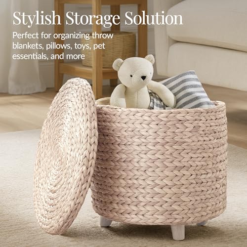 Best Choice Products 17" Round Storage Ottoman W/Lid, Handwoven Water Hyacinth Footstool, Footrest w/Wooden Legs, Accent Side Table, Storage Container, Plant Stand - Whitewash - color: Whitewash