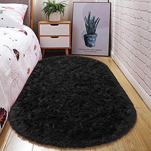 junovo Ultra Soft Washable Shaggy Rug - Non-Slip Oval Carpet for Nursery, Kids Bedroom & Home Decor (2.6x5.3ft Black) | Plush Fluffy Floor Mat for Cozy Living Spaces - color: Black, size: 2.6' x 5.3'