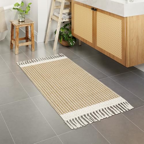 Lahome Belle Boho Kitchen Runner, 2x4.3 Bathroom Runner Rug Lightweight Entryway Rugs Woven Cotton Throw Mat with Tassels, Farmhouse Non Shedding Washable Low Pile Runners for Bedroom Doorway, Khaki - color: Khaki, size: 2' x 4'3" (Runner)