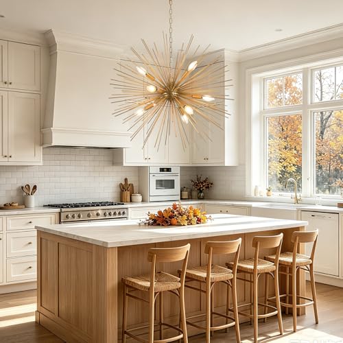 Modern 28.34" Gold Sputnik Chandelier 9-Light Mid-Century Starburst Chandeliers Solid Metal Satellite Firework Urchin Light Fixture for High Ceilings Dining Room Kitchen Living Room, E12 - color: Golden 28.34" 9-Light