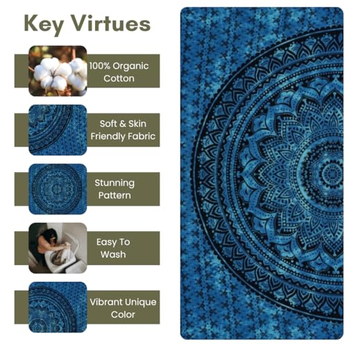 FURNISHFUL FINESSE Hand Block Printed Cotton Mandala Wall Tapestry - Blue Ombre Boho Wall Decor, Bohemian Hippie Room Hanging for Bedroom, Dorm & Living Room Aesthetic - 90X108, Blue - color: Blue, size: 108"L x 90"W
