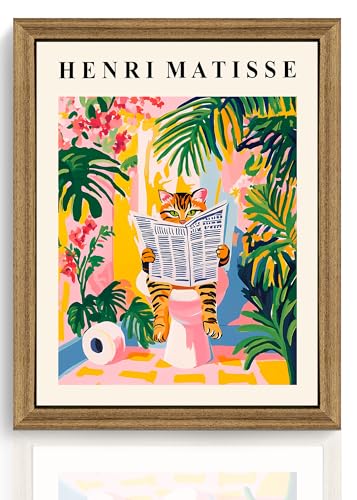 ICHZUMW Funny Tabby Cat Bathroom Wall Art, Framed Colorful Matisse Canvas Print Painting Artwork, Quirky Animal Reading Picture, Girly Pink Dopamine Wall Decor, Restroom Powder Room Bedroom, 8x10in - color: Matisse Reader, size: 10"L x 8"W