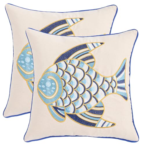 LUOYEHK Embroidered Pillow Covers 18x18 Set of 2 Summer Coastal Blue Fish Decorative Pillow Cases Ocean Themed Canvas Cushion Covers for Couch Sofa Bed Living Room - color: Blue Fish