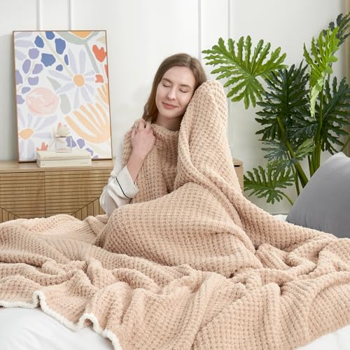 Snuggle Sac Waffle Throw Blanket for Couch Bed Sofa 50x60 inches, Reversible Beige Blanket Microfiber Fluffy Fuzzy Cozy Knit Soft Throws for Women Mothers Birthday Gifts - color: Waffle Beige, size: Throw(50"x60")
