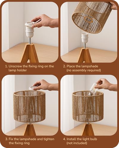EDISHINE Small Rattan Table Lamp, Wood Tripod Bedside Lamp, Boho Nightstand Lamp for Living Room, End Table, Office, E26 Base, Natural Style - style: Vertical Stripes