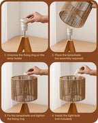 EDISHINE Small Rattan Table Lamp, Wood Tripod Bedside Lamp, Boho Nightstand Lamp for Living Room, End Table, Office, E26 Base, Natural Style - style: Vertical Stripes